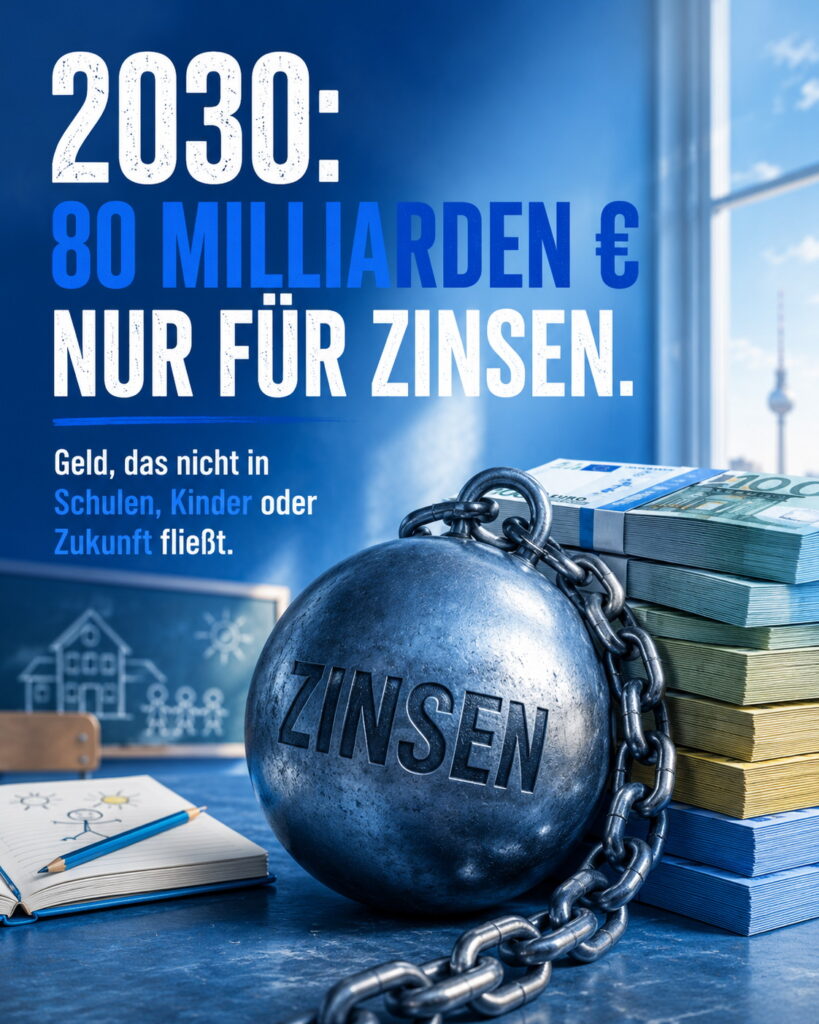 2030: 80 Milliarden Euro nur für Zinsen – Kugel mit Kette auf Geldstapeln vor einer Schultafel