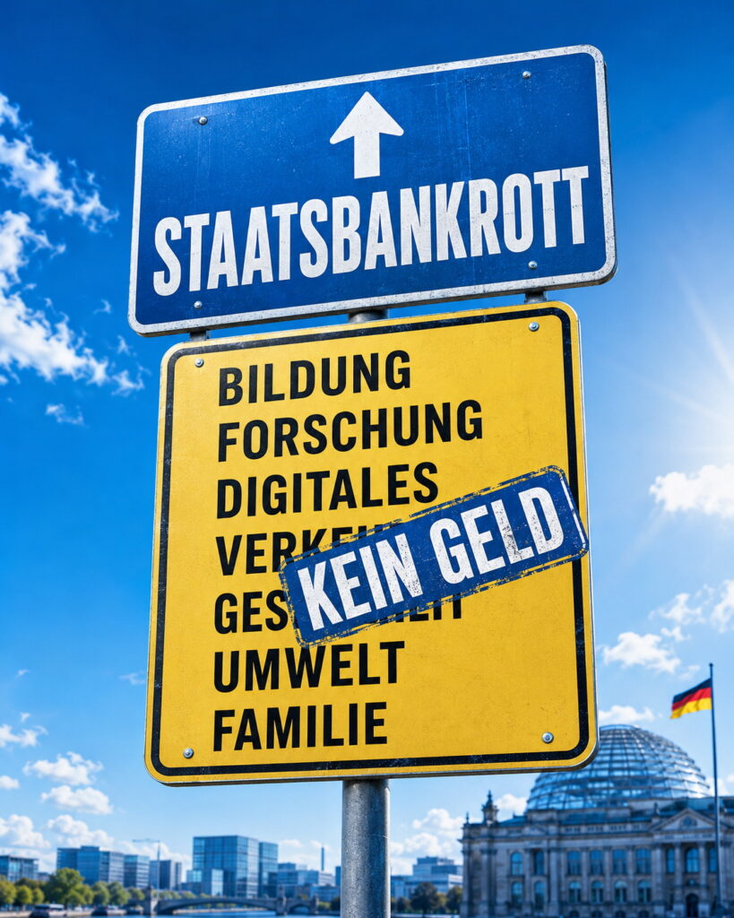 Wegweiser zum Staatsbankrott, darunter Bildung, Forschung, Digitales, Familie mit Stempel „Kein Geld“