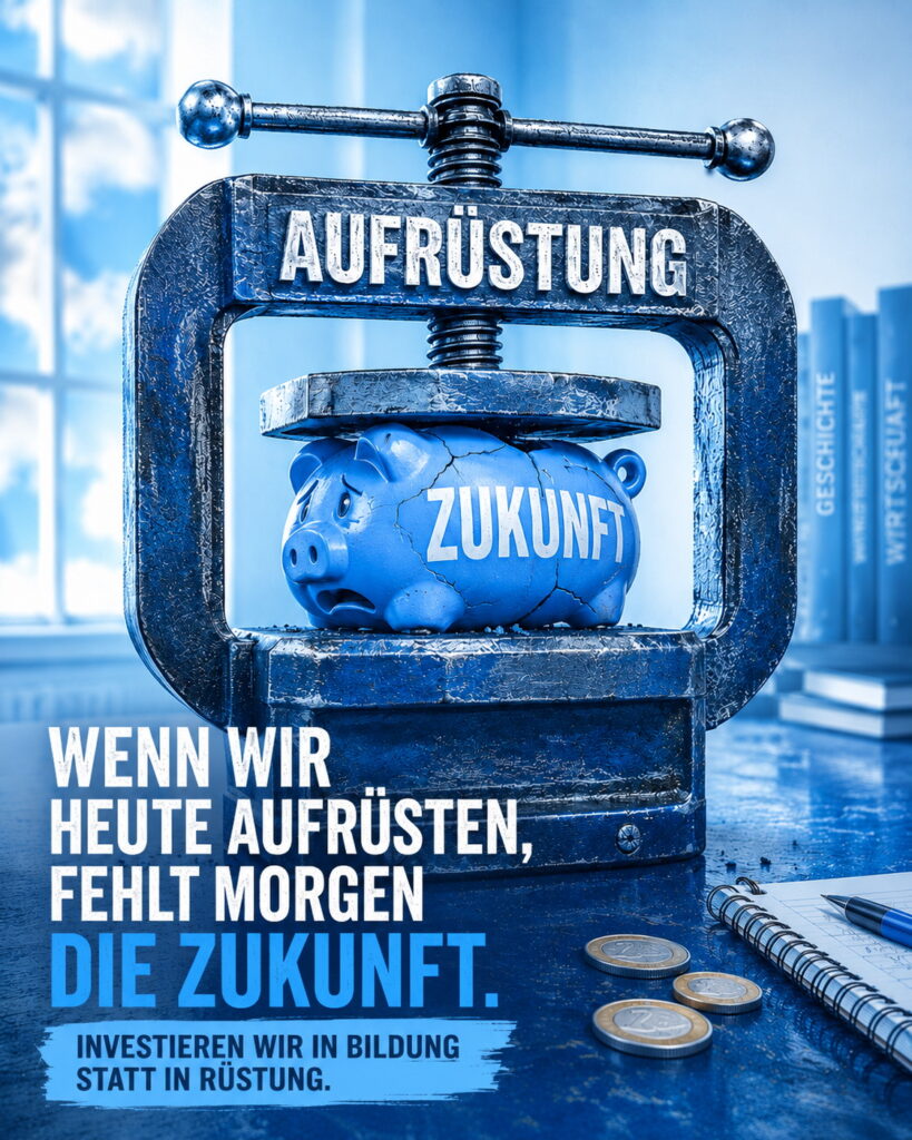 Aufrüstung presst das Sparschwein Zukunft zusammen: Investieren wir in Bildung statt in Rüstung