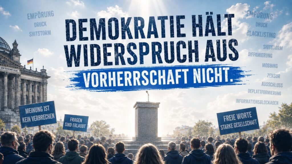 Demokratie hält Widerspruch aus, Vorherrschaft nicht: Menschenmenge mit Schildern vor einem leeren Rednerpult
