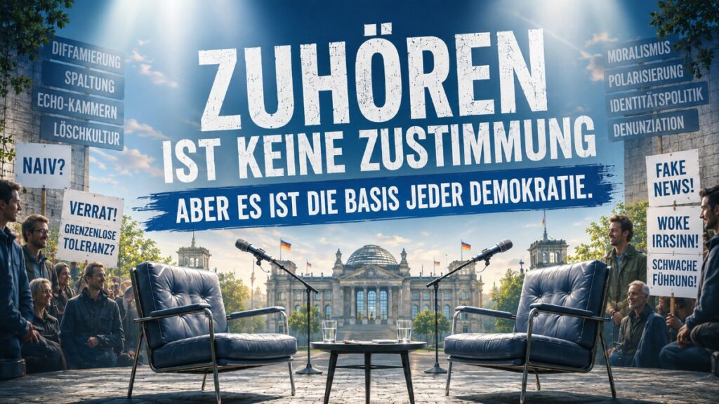 Zuhören ist keine Zustimmung, aber die Basis jeder Demokratie: zwei Sessel mit Mikrofonen vor dem Reichstag